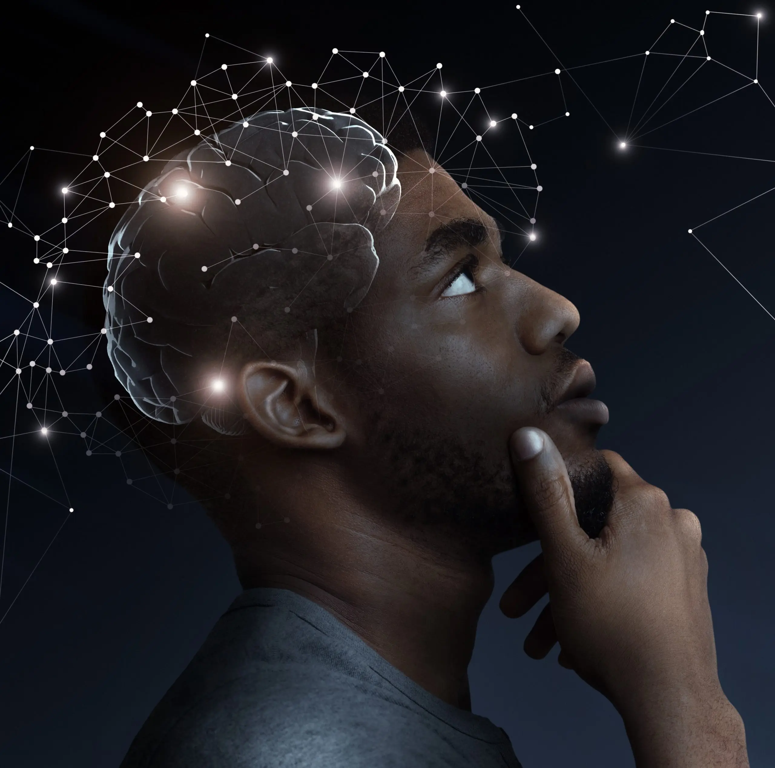 Creative process concept and problem solution. Ideas escape from brain of pensive african man, empty space